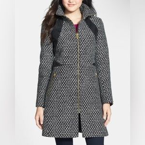 Via Spiga Faux Leather Trim Front Zip Closure Back Vent Coat Jacket Size 8